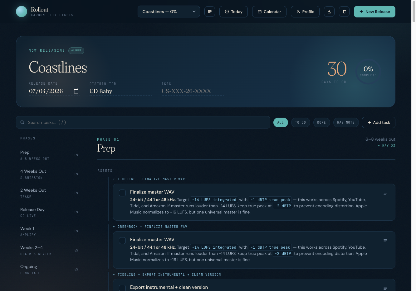 The DropDay app showing a release called Coastlines with a 30-day countdown, phased checklist, and task details